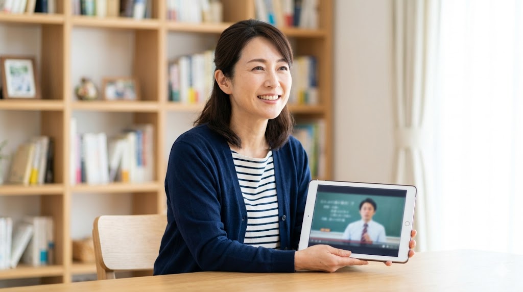 40代の日本人女性が自宅の書斎で、オンライン英会話プログラム「ラーニングハック」の無料動画レッスンをタブレットで視聴し、リラックスしながらも前向きに学習を始めようとしている様子。
