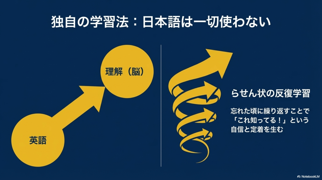 日本語を一切使わない英語脳の育成と、忘れた頃に繰り返すことで自信と定着を生むスパイラル学習法