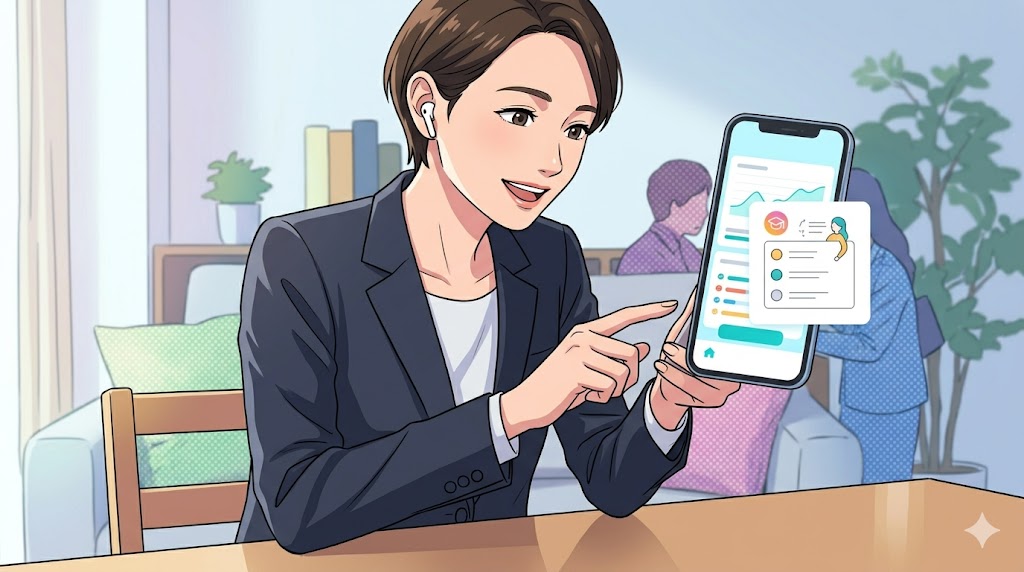 共有オフィスで、スマートフォンを使いAI英会話アプリ「スピークバディ」のビジネス英語レッスンを受ける日本人女性のアニメイラスト。仕事で使えるフレーズを効率よく学習している。