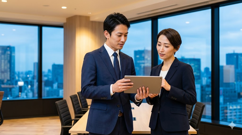 モダンな会議室でタブレットを手に真剣に議論する日本人のビジネスマンとビジネスウーマン。窓の外には都会の夜景。