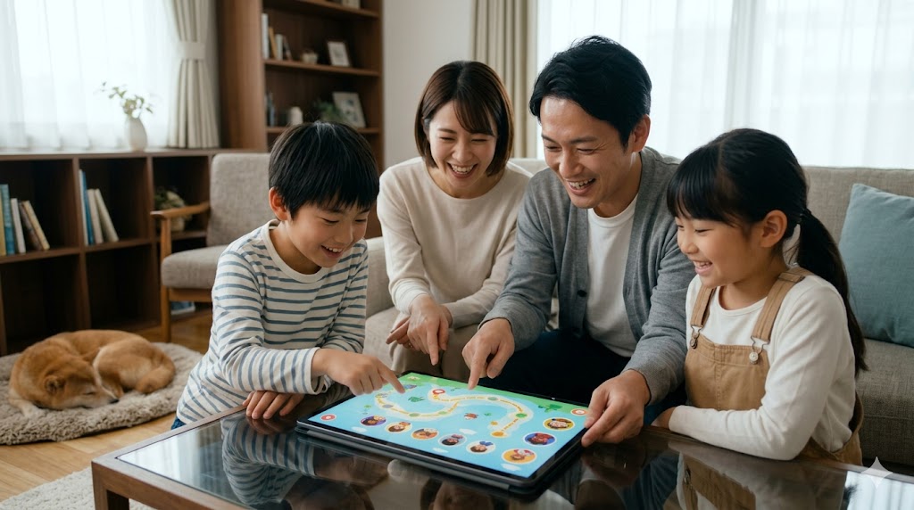 日本人家族がリビングでタブレットを囲み、Duolingo Maxのゲーム性のある画面を見て笑顔で英会話を楽しむ様子。