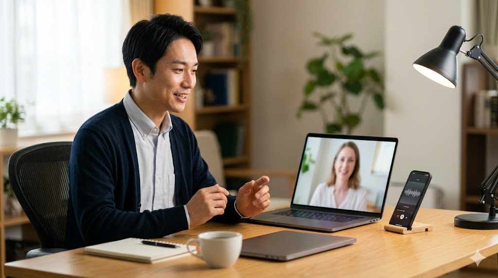 自宅のデスクで、ノートPCでのオンライン英会話レッスンとスマートフォンでのシャドーイング学習を並行して行い、満足そうな表情を浮かべるアジア人男性。