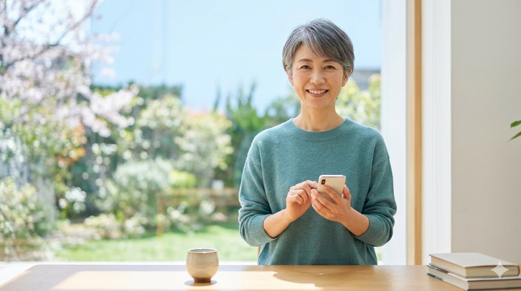 40代の日本人女性が、自宅の窓辺でスマホを手に持ち、ラーニングハック英会話プログラムを通じて英語を話せるようになった未来の自分を想像して、自信と喜び、そして決意に満ちた笑顔を見せている。