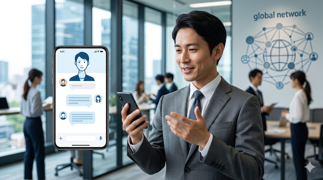 フィスビル内、窓外に都会の景色を望む明るいミーティングスペース。スーツ姿の日本人男性がスマートフォンを手に、AIエージェントのアイコンと対話している。背景にはグローバルなネットワークを示す抽象的な図解が描かれ、国際的なビジネスシーンでの利用を表現。