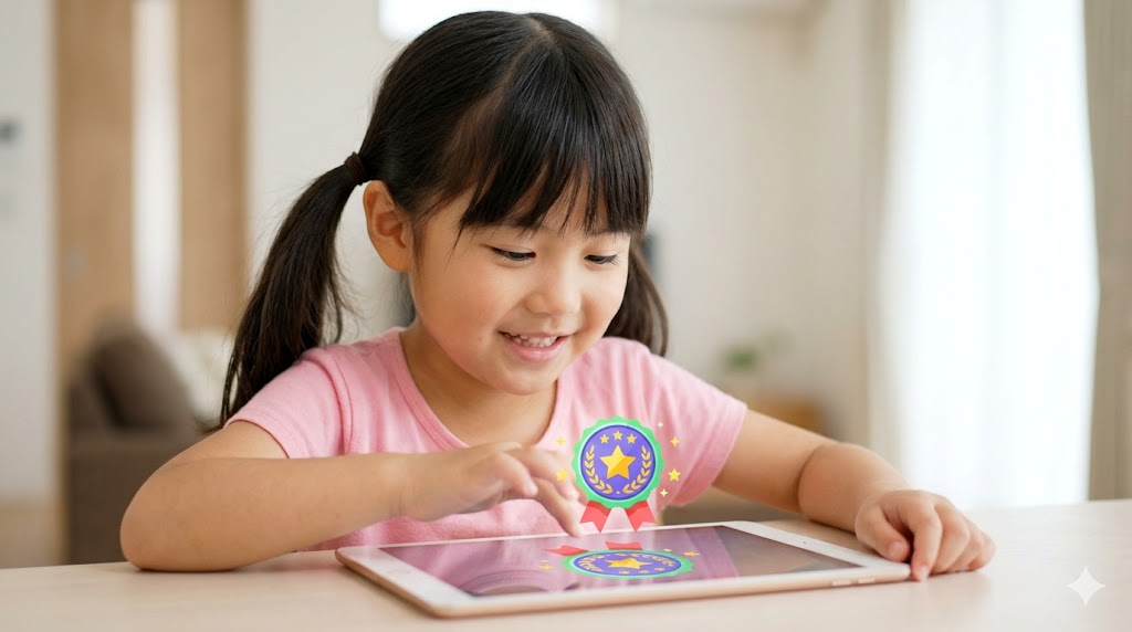 タブレット画面に表示された英会話アプリで、レッスン終了後にデジタルなメダルやバッジを獲得して喜ぶ日本の子供。