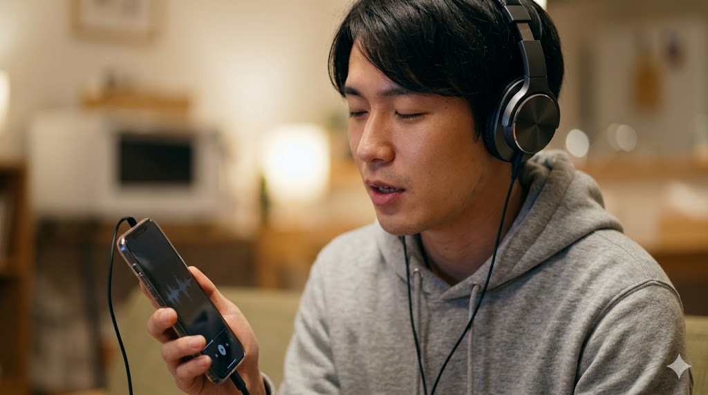 自宅でヘッドホンを着用し、スマートフォンを使って集中してシャドーイング練習に励むアジア人男性。