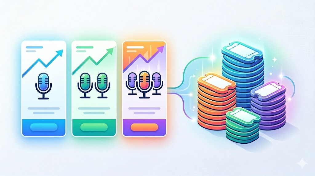 英会話アプリ「スピークナウ」の料金プラン（月額ベーシック、月額プレミアム）と買い切りチケットをイメージした、視覚的に分かりやすいグラフィック図解。文字は含まない。