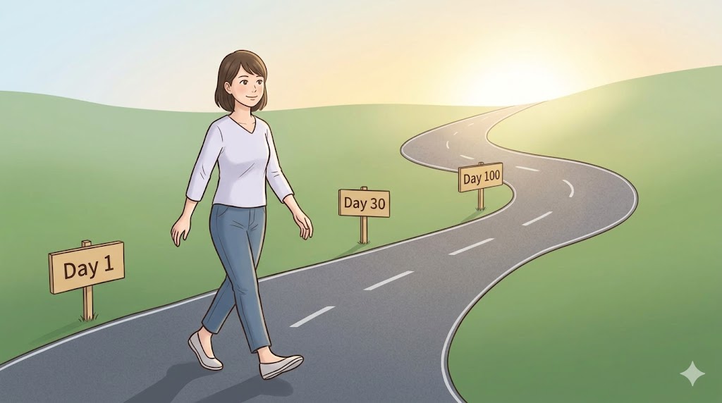 挫折せず着実に英語学習を続ける道のりを、一歩ずつ歩む30代日本人女性のイメージ。