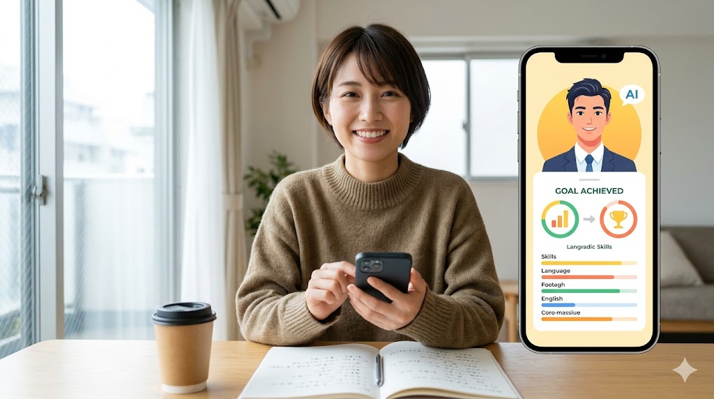 自宅で、日本人女性が笑顔でスマホのAI英会話学習アプリを自信を持って使っている。画面には達成感を示すグラフや目標が表示され、AI学習の効果と継続性を伝えている。