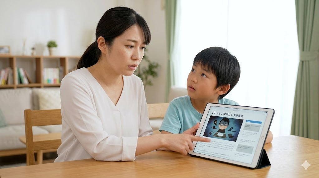 タブレット端末を前に、アクティメソッドのネット上の評判について不安げに話し合う日本人親子。怪しいという噂の背景を探る様子。