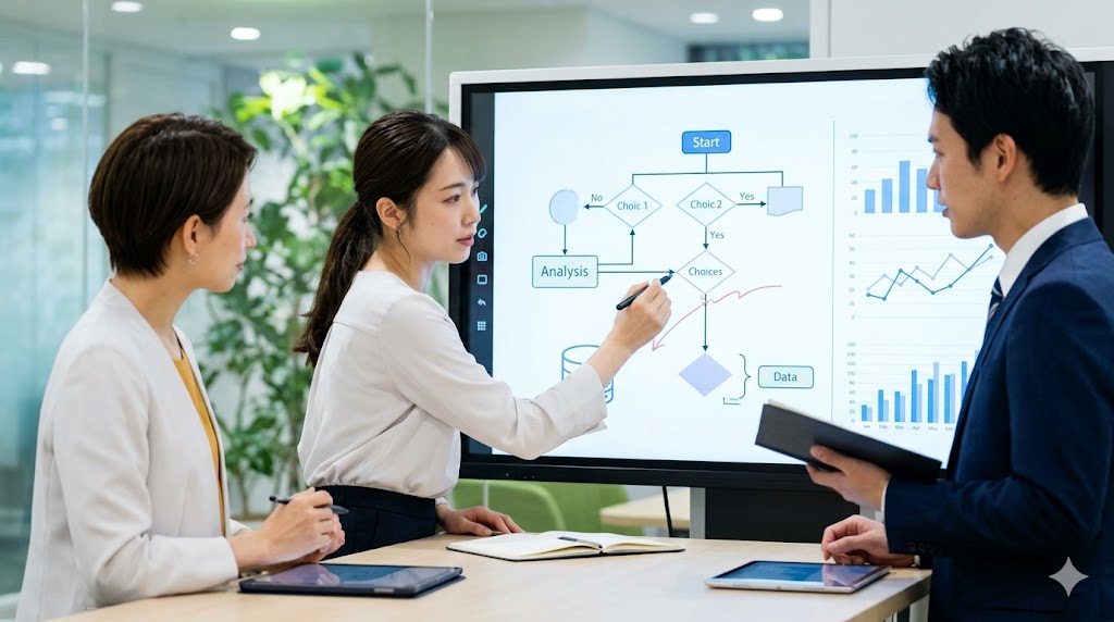 ビズメイツ レベル3のカリキュラムにある「問題解決」や「意思決定」のテーマに基づき、チームでディスカッションを行う日本人ビジネスパーソン。MBA的な実践スキルを英語で習得するイメージ。