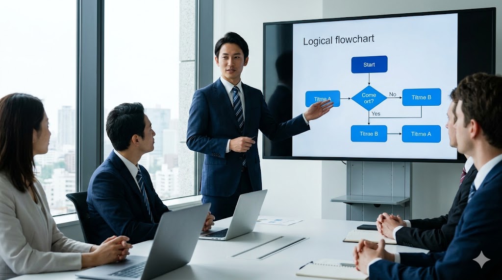 ビジネス会議でシンプルな英語と論理的な構成を使い、自信を持ってプレゼンテーションをする30代日本人男性。