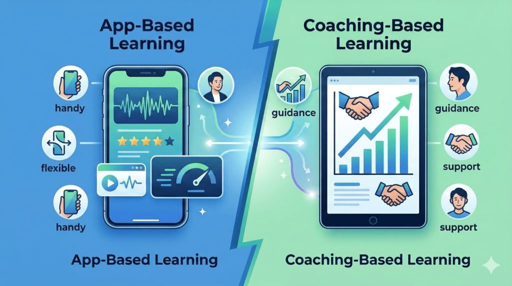 「アプリ版」と「コーチング版」をユーザーの目的（手軽さ、徹底サポート、低コスト、目標達成）に基づいて比較した、分かりやすいグラフィック図解。文字は含まない。