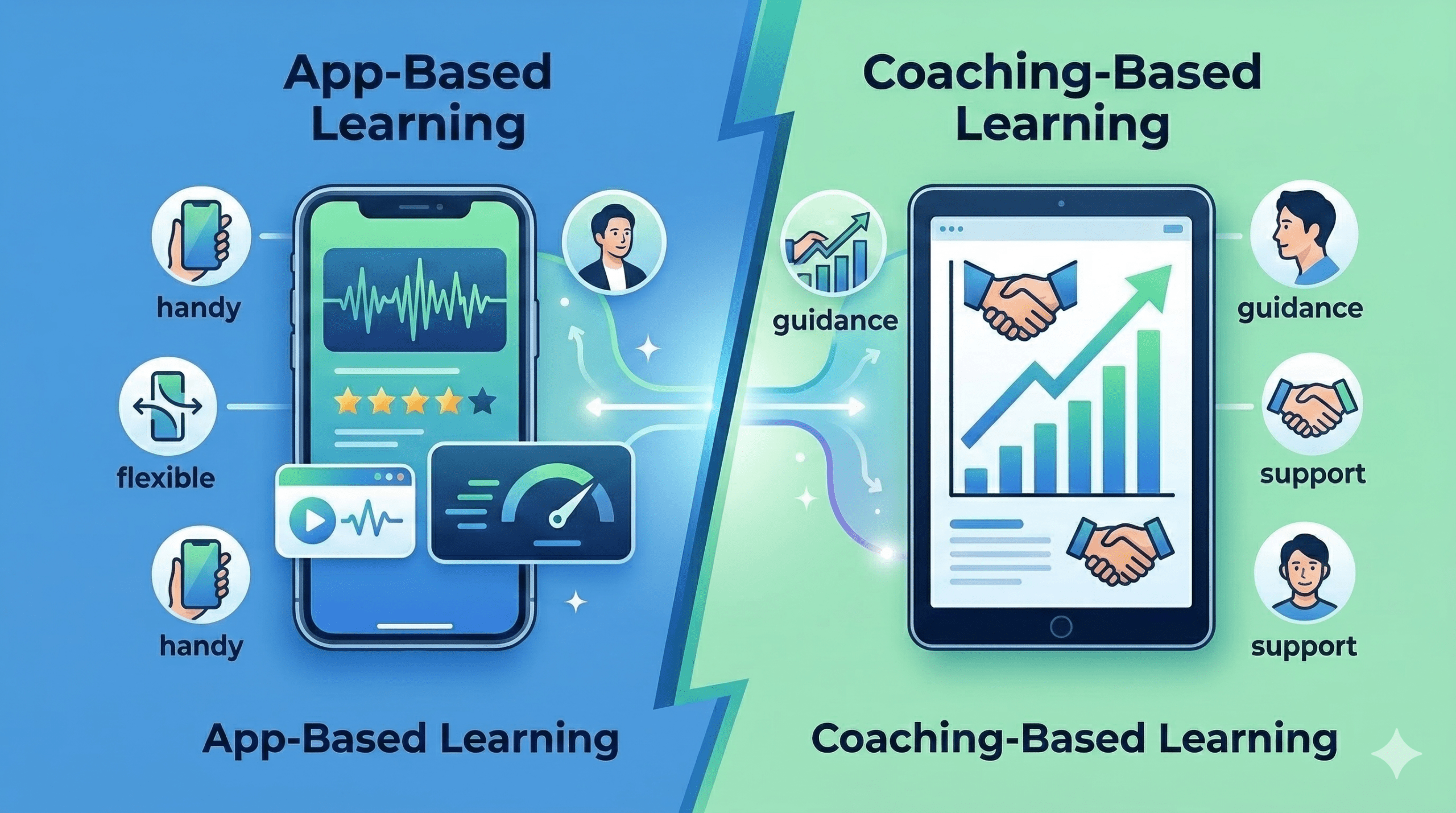 「アプリ版」と「コーチング版」をユーザーの目的（手軽さ、徹底サポート、低コスト、目標達成）に基づいて比較した、分かりやすいグラフィック図解。文字は含まない。