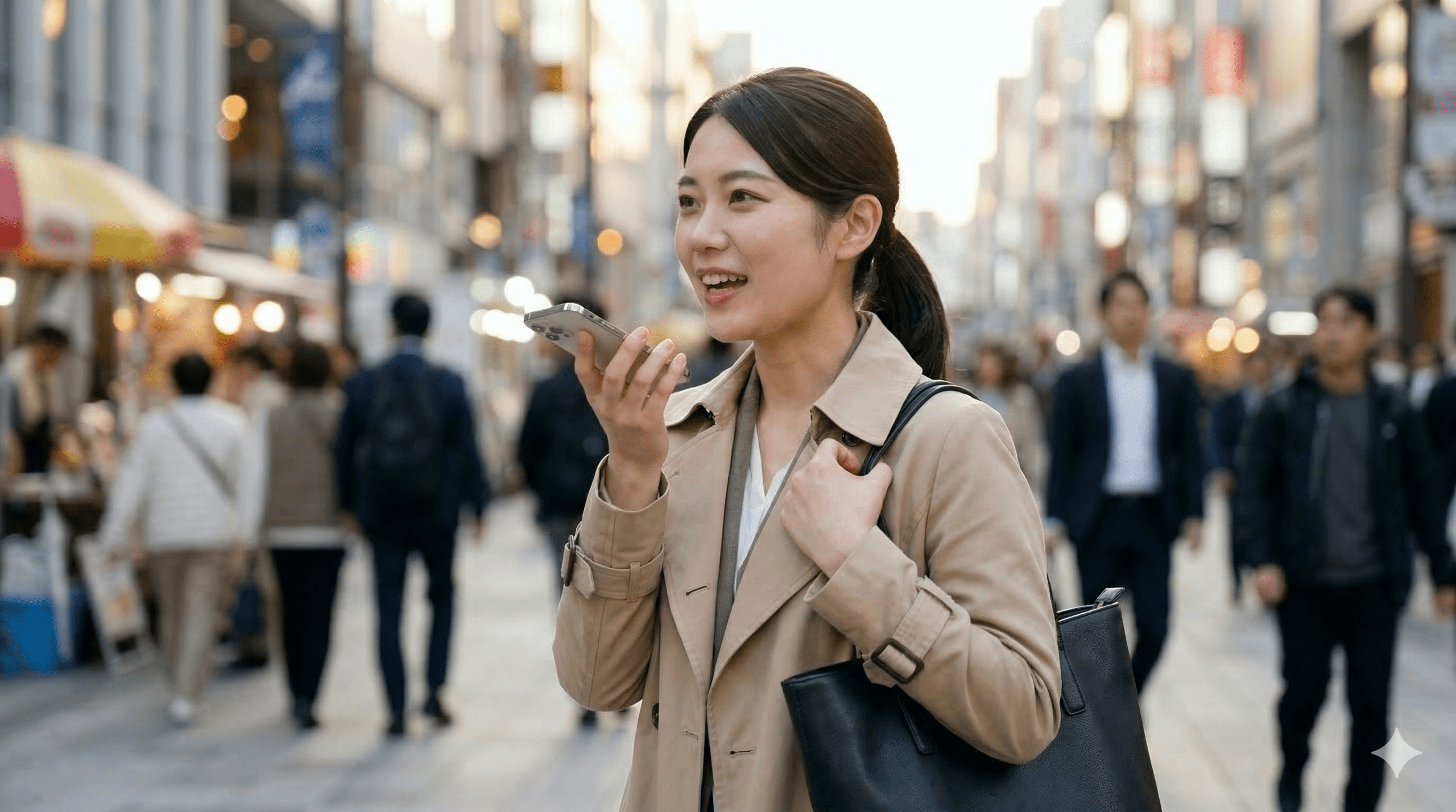 外出先で、スマートフォンを使ってAI講師と英会話練習をしている日本人女性の様子。