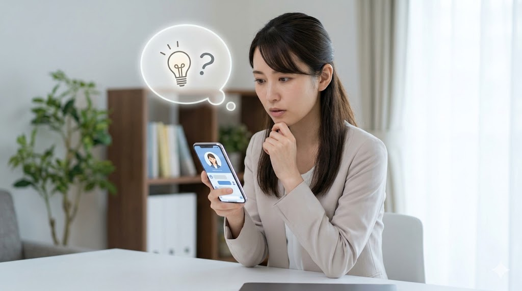 自宅のデスクでスマートフォンを使い、AIによるスマート解説機能で英語の疑問を解決して納得する日本人女性。