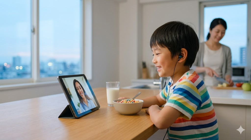 夜明けのキッチンで、タブレットを使い笑顔で子供向けオンライン英会話を受ける日本人男児。母親が朝食の準備をする横で、楽しく継続している様子。