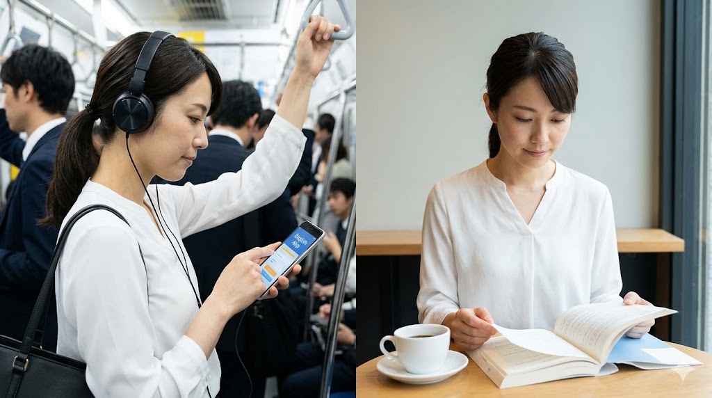 通勤電車内でスマホアプリを使い、カフェのランチタイムにテキストを開くなど、スキマ時間を活用する30代日本人女性。