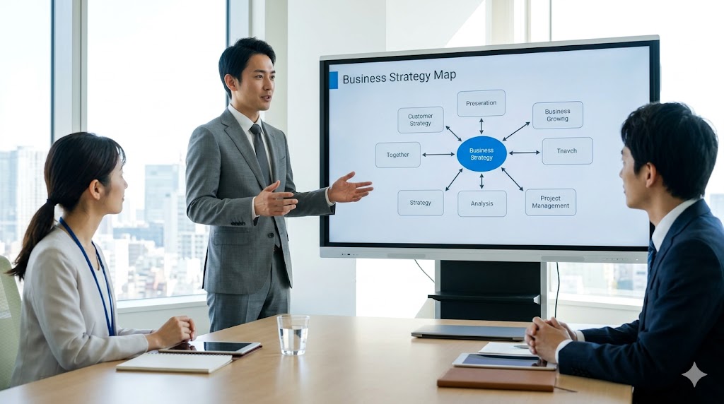 会議でプレゼンテーションを行う日本人男性マネージャー。TOEICスコアだけでなく、実際のビジネス現場で求められる実践的な英語運用力（アサーティブなコミュニケーション）を発揮するイメージ。