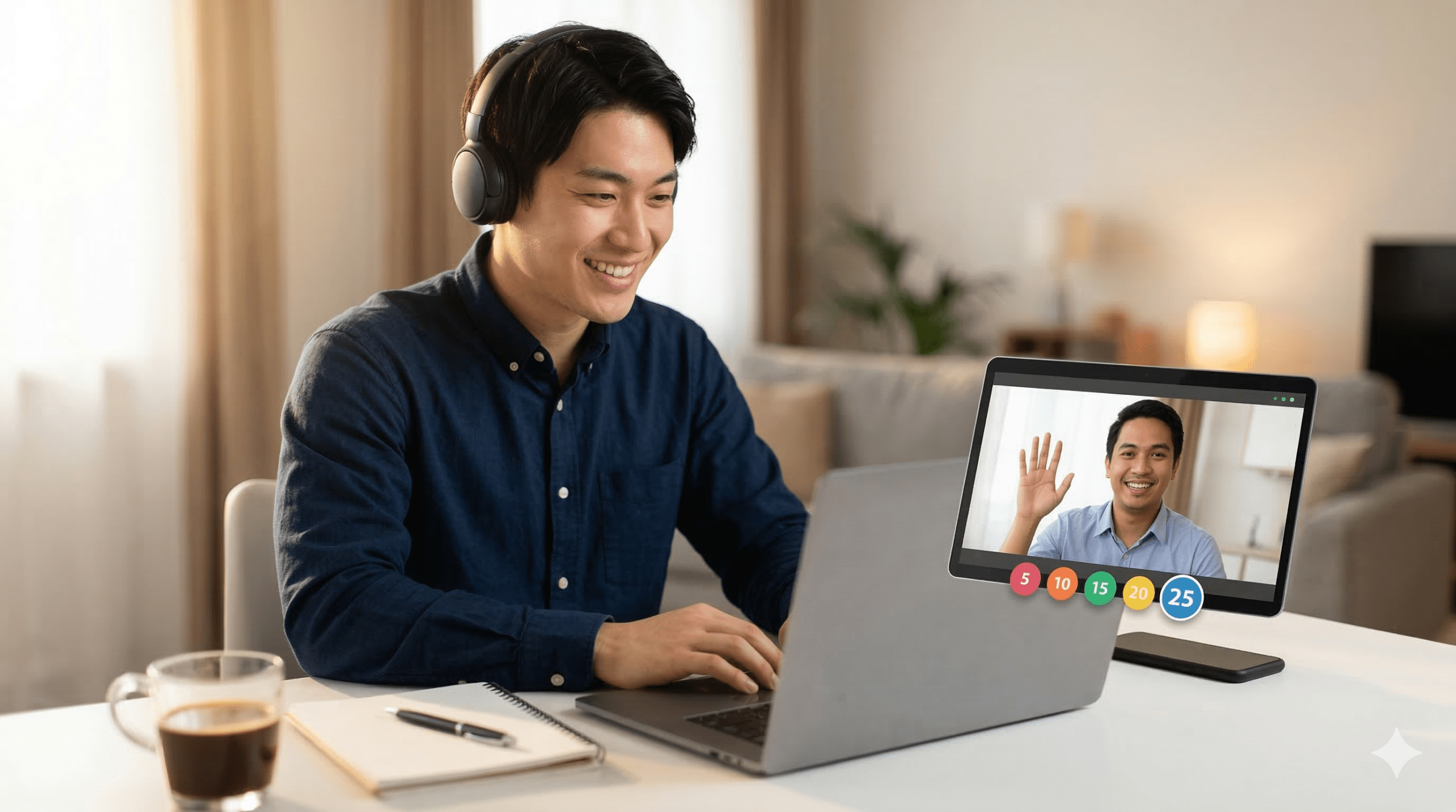 講師と繋がった瞬間を表現。5分、10分といった短時間でも受講可能なシステム。