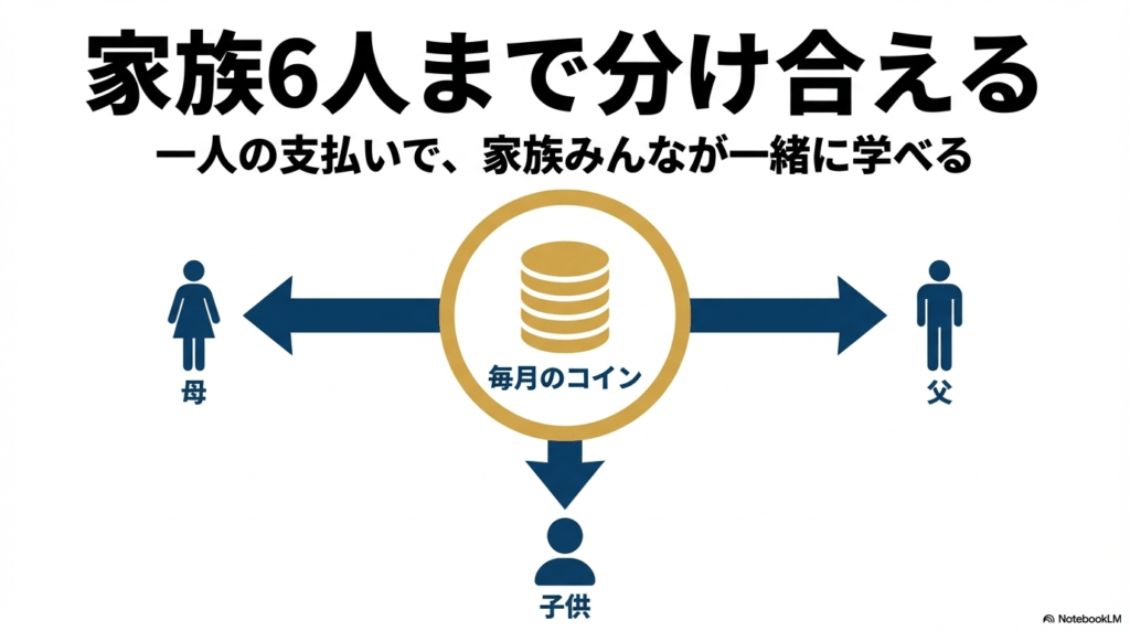 1人の契約で家族6人までコインを共有し、無駄なくレッスンを受けられる家族シェア機能の解説図