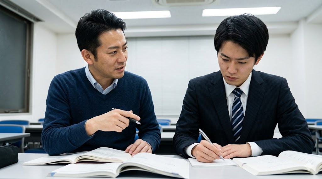 KEC外語学院のスパルタ指導。日本人講師から熱心なフィードバックを受け、真剣にメモを取る社会人受講生。