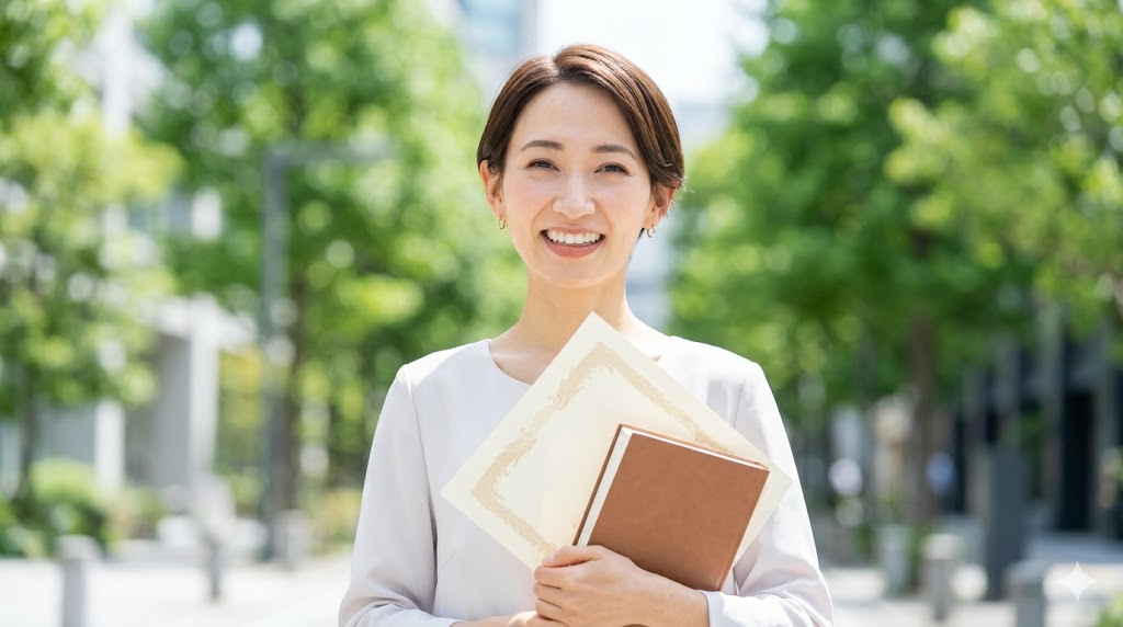 英語学習の目標を達成し、晴れやかな笑顔で未来を見つめる30代日本人女性。