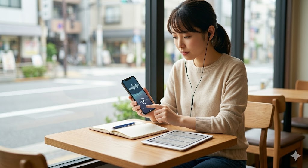 昼のカフェにてスマートフォンで英会話を聞いて学習している女性。