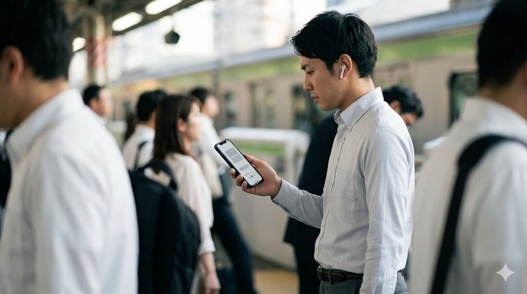 通勤途中の駅のホームで、スマートフォンとイヤホンを使って隙間時間にシャドーイング学習をするアジア人男性。