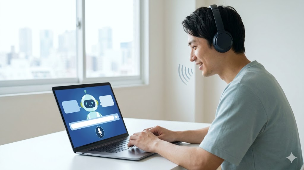 自宅のリビングで、ノートパソコンを使って笑顔でAI英会話サービスと話す日本人男性。PC画面には親しみやすいAIキャラクターが表示されている。