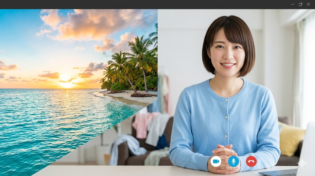 ネイティブキャンプのレッスン中に、PC画面のバーチャル背景機能で部屋の様子を隠し、南国のリゾート風景を設定してリラックスして受講する日本人女性。