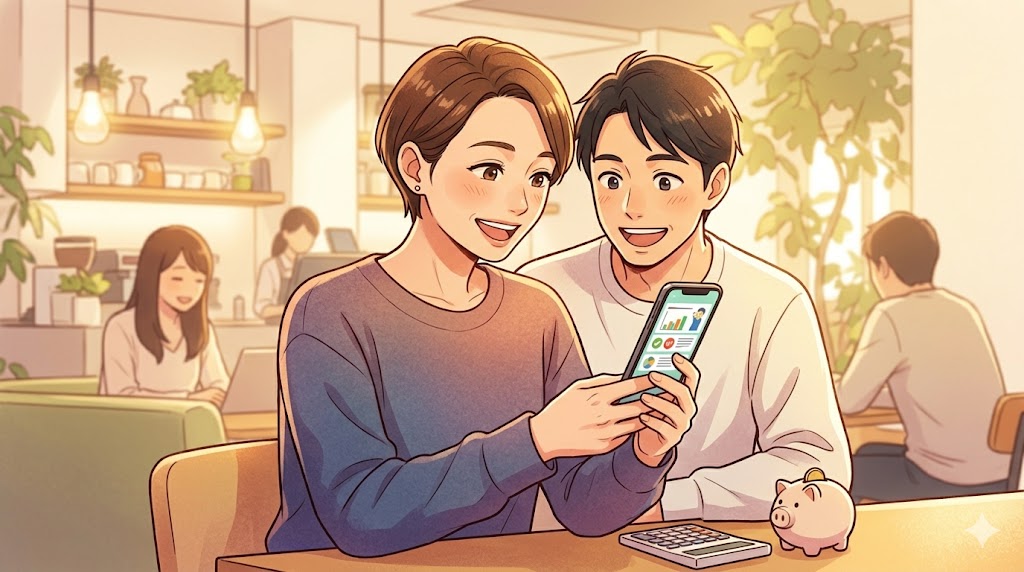 自宅のテーブルで、スマートフォンに表示された「1カ月プラン」と「12カ月プラン」の料金比較グラフを見て、大幅な割引率に喜ぶ日本人カップルのアニメイラスト。12カ月プランのお得さを実感している。