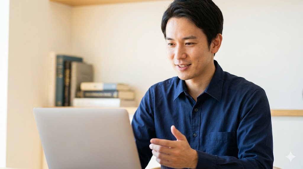 自宅の書斎でPCに向かい、ネイティブキャンプ独自の通信システムを快適に利用する、リラックスした日本人男性の様子。Zoom連携不要の手軽さを表現。