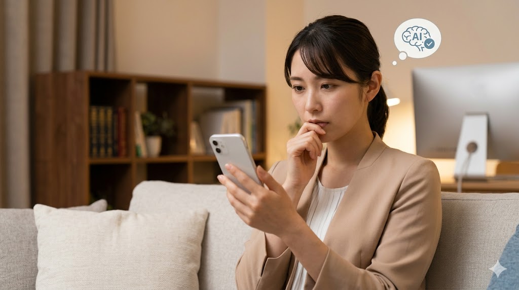 自宅のリビングで、スマートフォンアプリを使ってAIコーチからパーソナルな英会話トレーニングを受ける日本人女性。