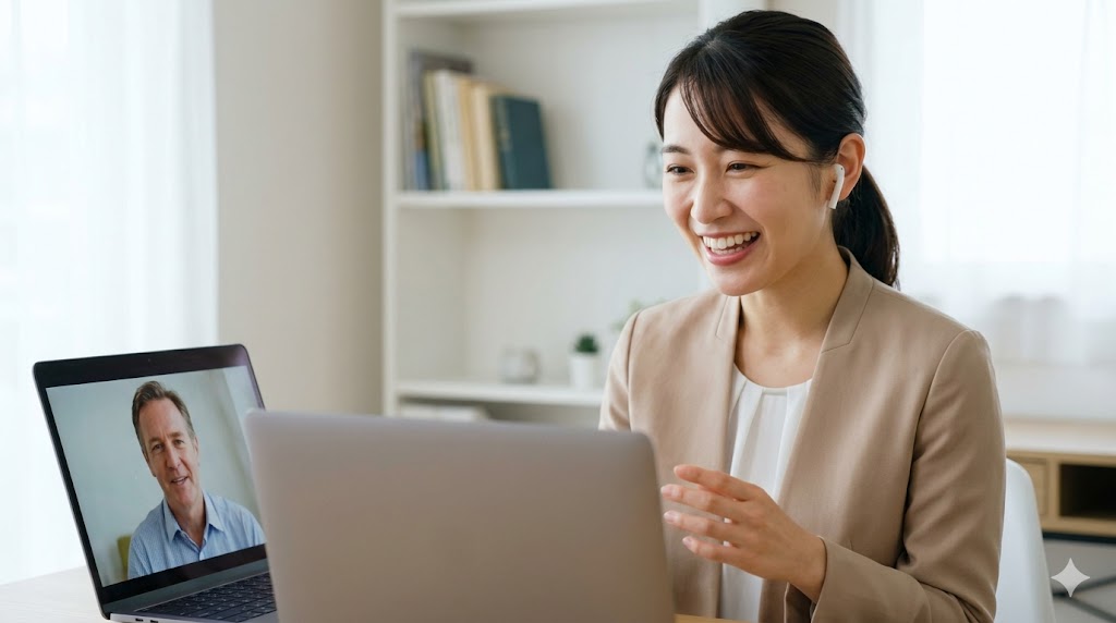 自宅の勉強部屋で、ノートパソコンの画面越しに外国人講師と笑顔でオンライン英会話レッスンを受ける日本人の社会人女性。