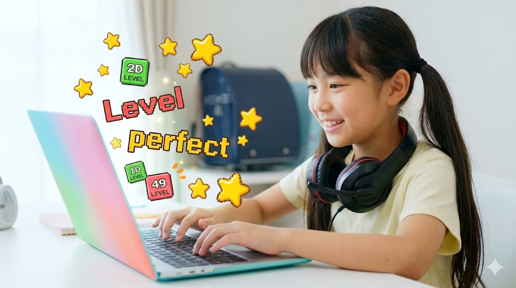 自宅でゲーム感覚の英語タイピング練習に夢中になる日本人小学生の女の子。スコアやスターが飛び出し、楽しそうに学習している。