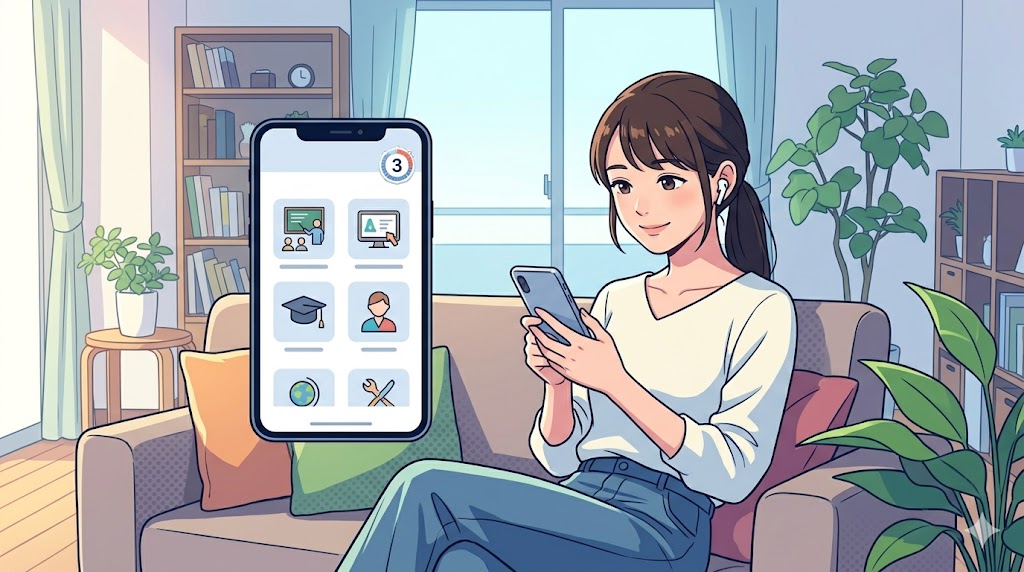 自宅のリラックスした環境で、スマートフォンを使いAI英会話アプリ「スピークバディ」の3日間無料体験を受ける日本人女性のアニメイラスト。全機能解放を示す様々なアイコンが表示されている。