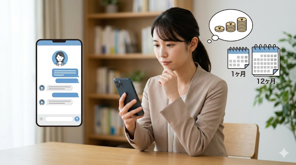 自宅のデスクで、スマートフォンを操作しながらDuolingo Maxの月額プランと年額プランのコスパを真剣に比較検討する日本人女性。
