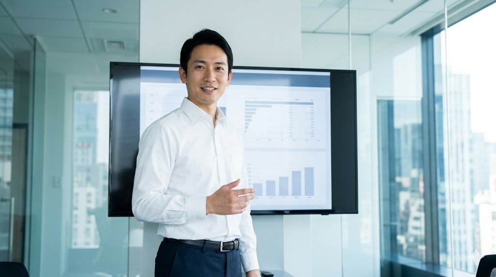 オフィス会議室で自信を持ってZoomプレゼンテーションを行う、ネイティブキャンプで実践的なオンライン会議英語を習得した日本人ビジネスマン。