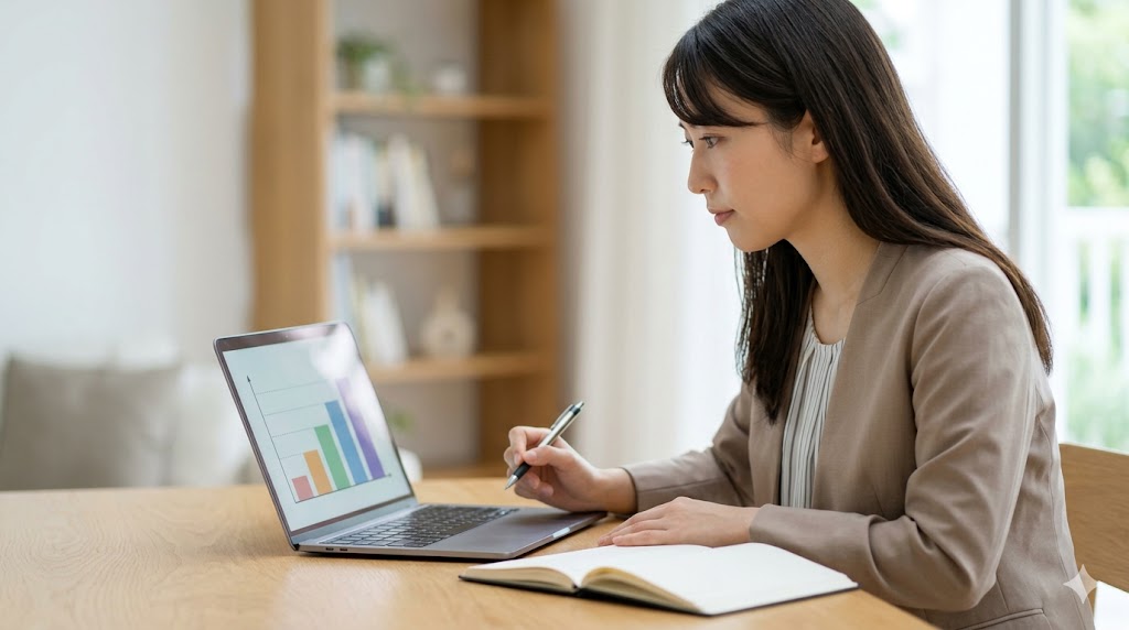自宅のデスクでノートパソコンの画面を見ながら、ペンを片手に英会話の学習計画を立てている日本人の社会人女性。