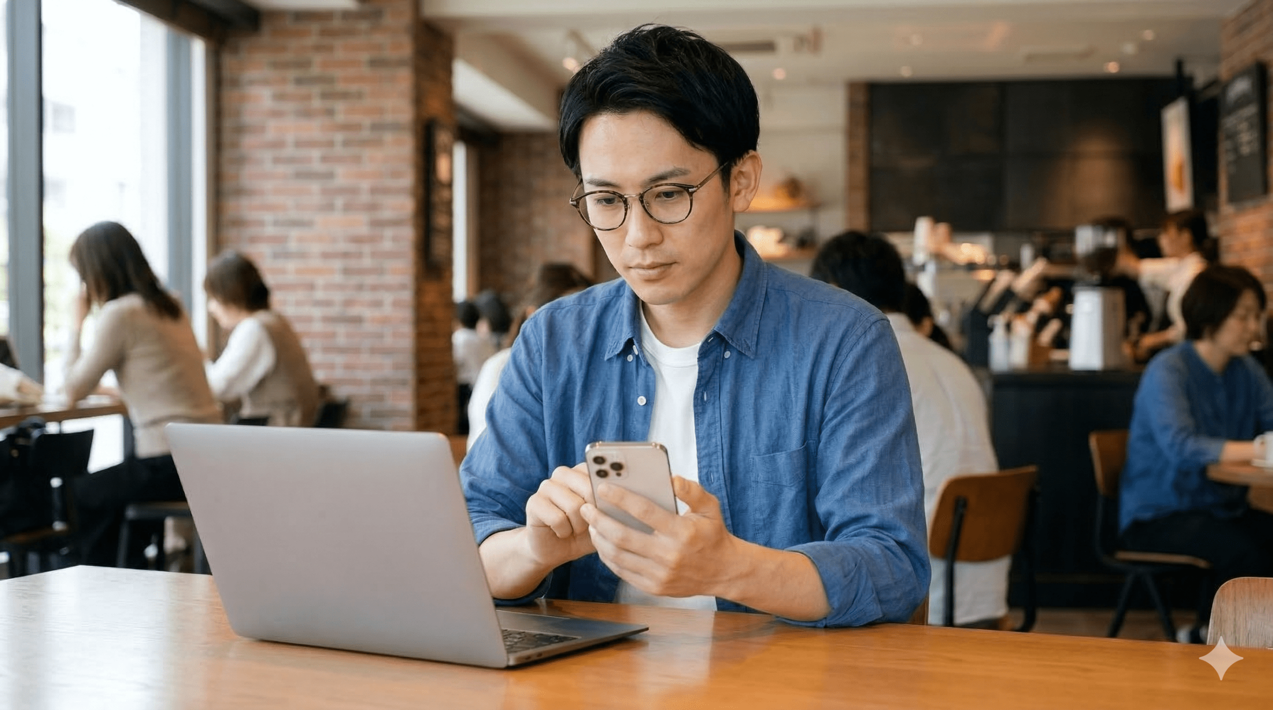 カフェでノートパソコンを開き、スマートフォンでAI英会話アプリの料金プランを確認している日本人男性の様子。