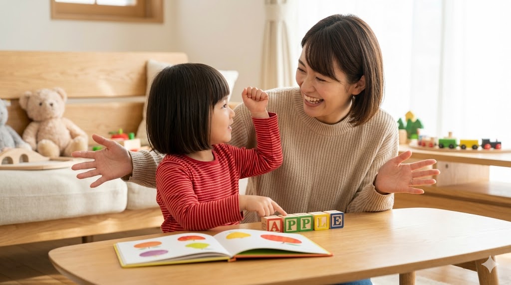 アルファベットのブロック遊びで小さな成功体験を得て、母親に褒められ達成感あふれる笑顔の4歳の日本人女の子。前向きな声かけと「できた」の積み重ね。