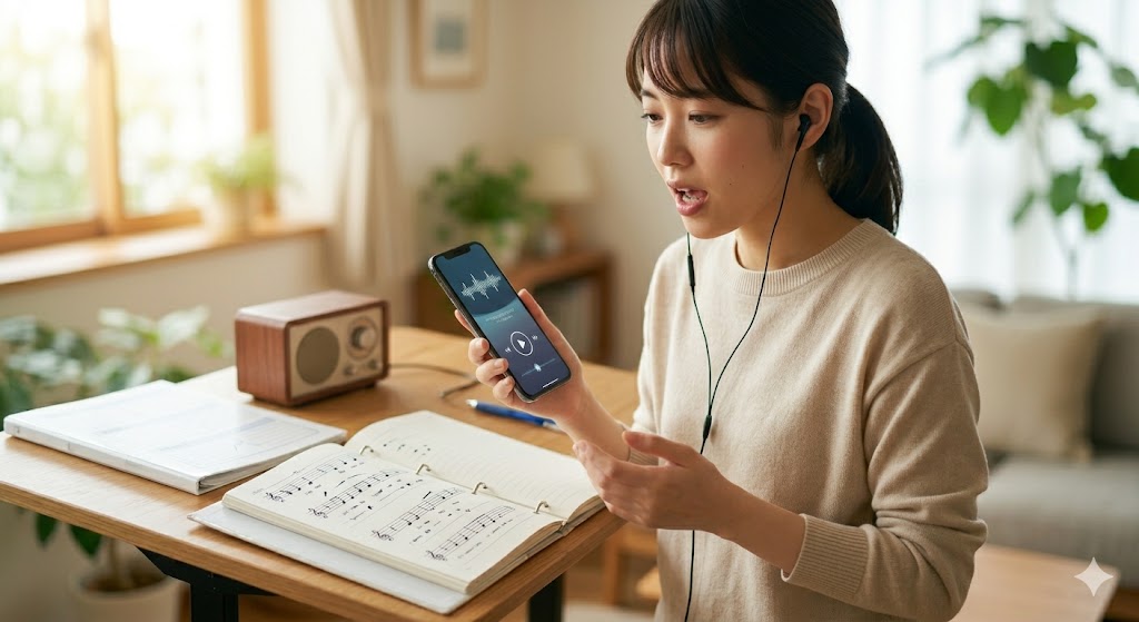 昼、自宅のリビングで英会話を聞いて、シャドーイングを実践している女性