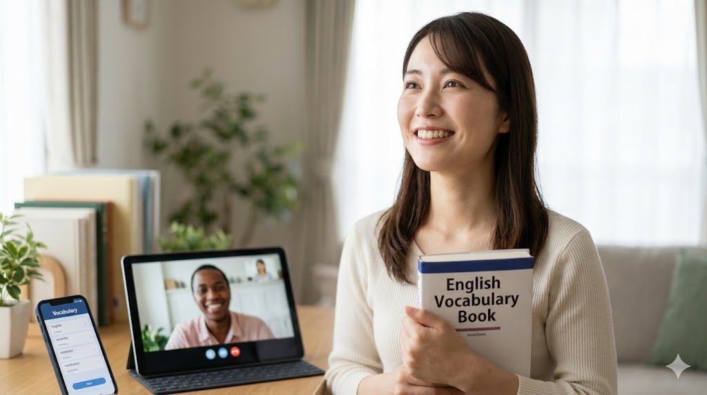 おすすめの単語帳とアプリを使って目標の英会話力を達成し、満足げな表情で未来を見つめる日本人女性。英語学習の成功と自信をイメージ。