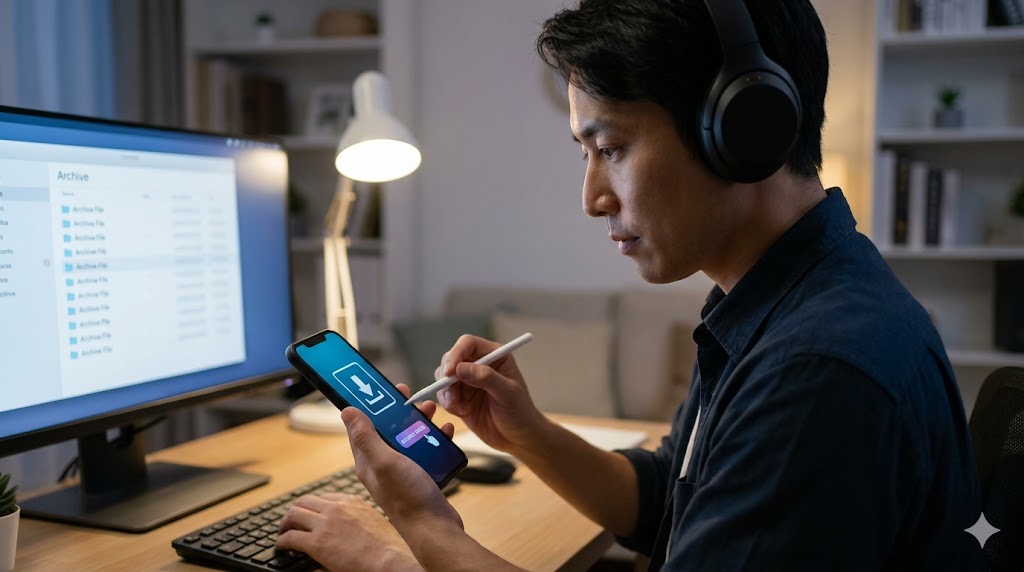 自宅デスクでヘッドホンを着用し、スマートフォンでNHKラジオ英会話の有料音声ダウンロード購入画面を操作する日本人男性。過去のアーカイブ取得。