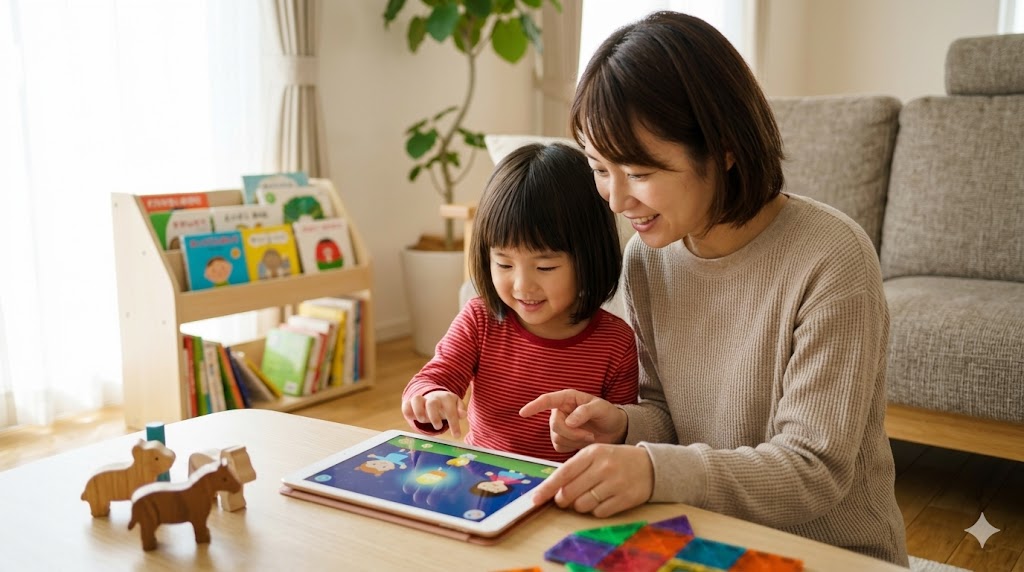 母親と一緒にタブレットで英語アプリの知育ゲームを楽しむ、笑顔の4歳の日本人女の子。おうち英語の柔軟な学習スタイル。