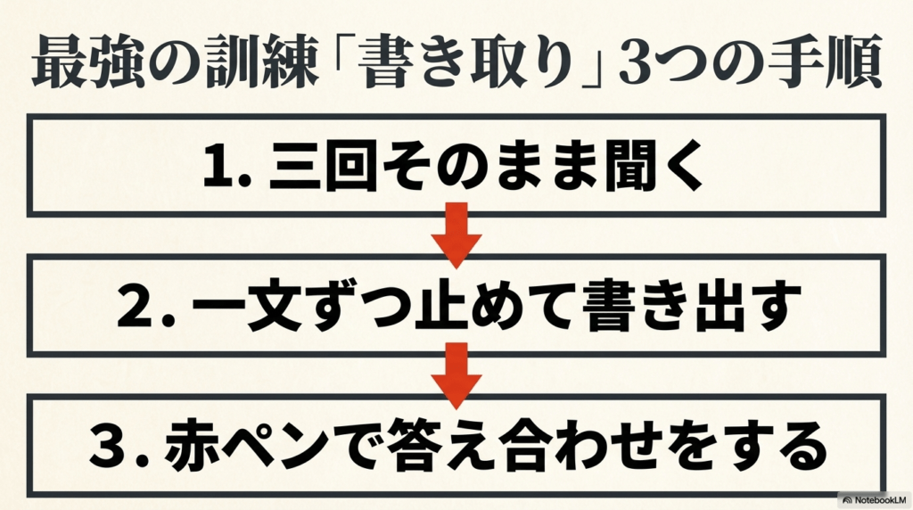 最強の訓練「書き取り」の3ステップ。1.三回そのまま聞く、2.一文ずつ止めて書き出す、3.赤ペンで答え合わせをする。
