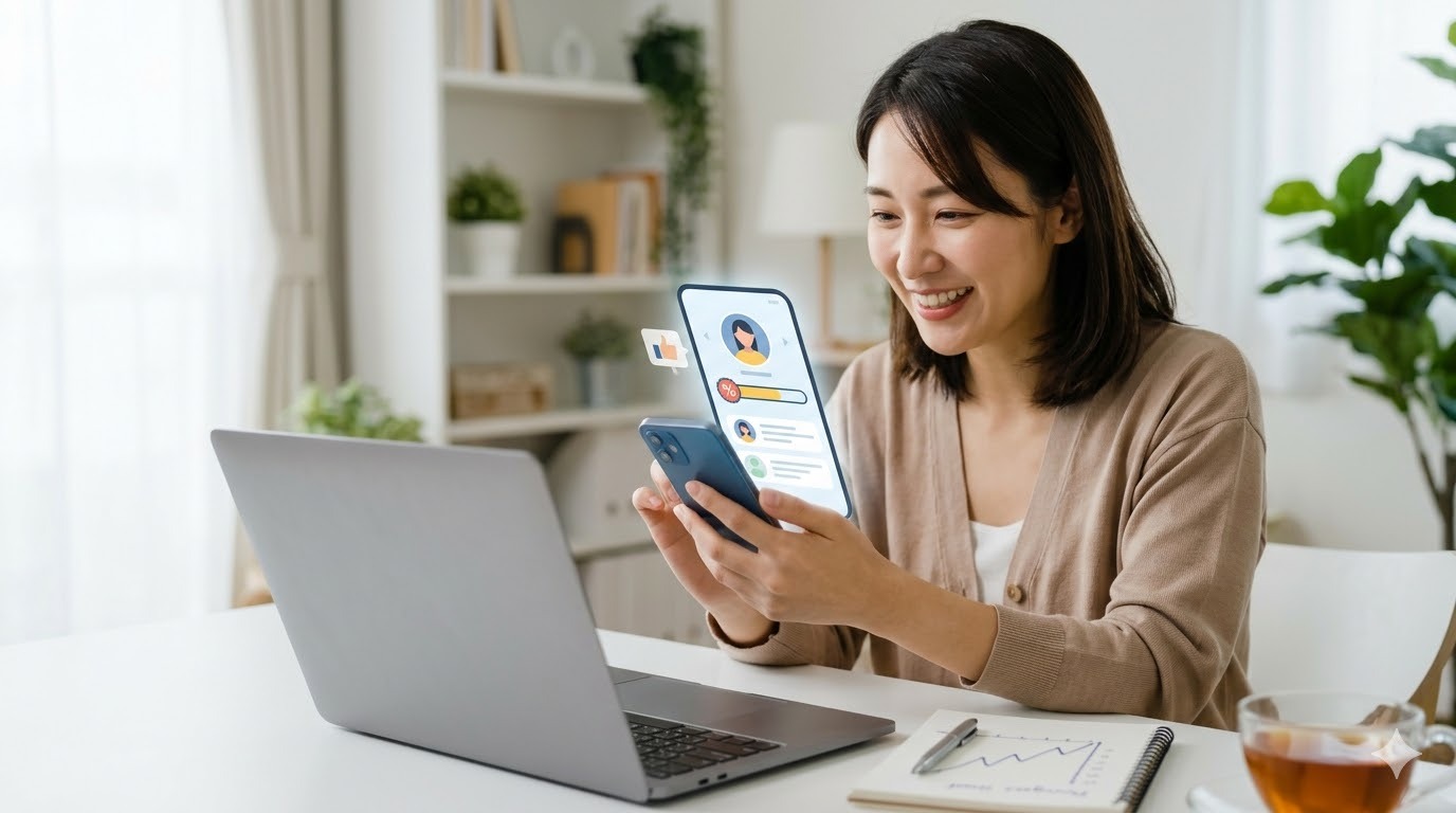 マートフォンの画面を見つめ、思案する日本人女性。画面上のAIアプリインターフェースには会話アイコンと、ヘルプを示す電球や疑問符のグラフィックが表示されている。彼女の表情は少し安心した様子で、AIからの日本語サポートを受けていることを示唆。