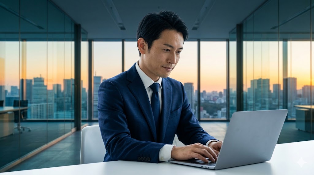 東京の夕日を背景に、ガラス張りのオフィスで集中してラップトップを操作する日本人のビジネスパーソン。TEPPEN ENGLISHでキャリアアップを目指すイメージ。