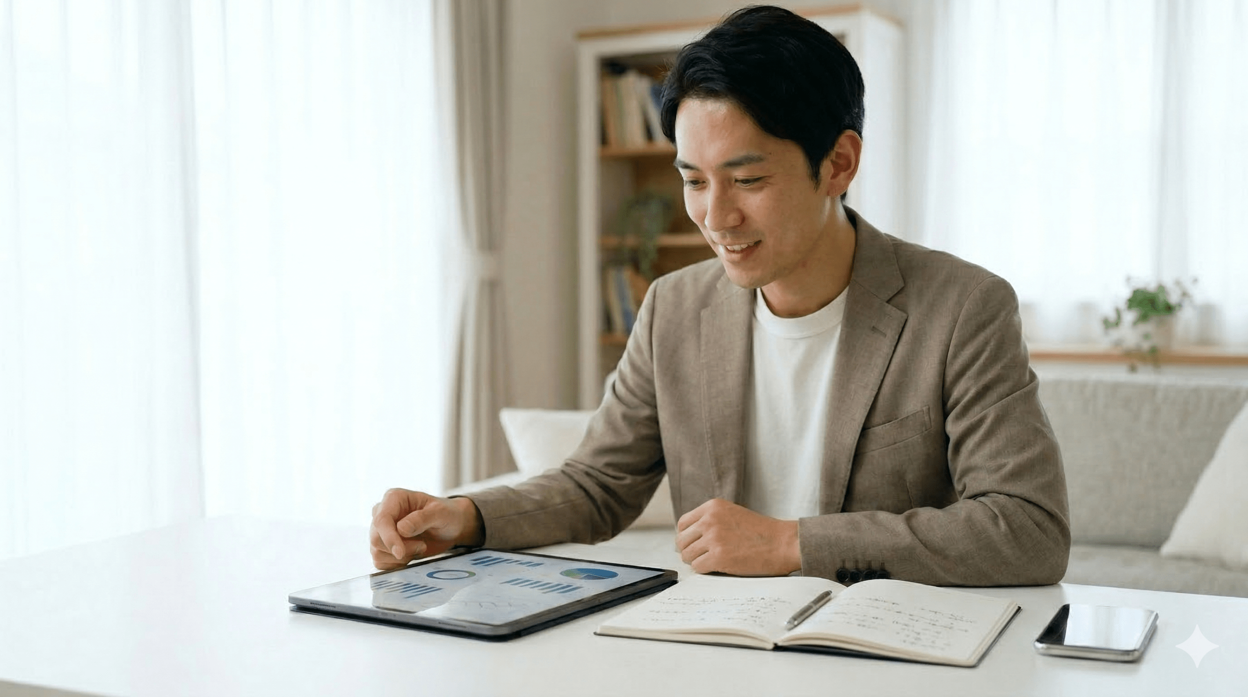 コーチングを受けながら、学習管理シートやタブレットを活用して自身の成長を実感し、自信に満ちた表情の日本人ビジネスマン。